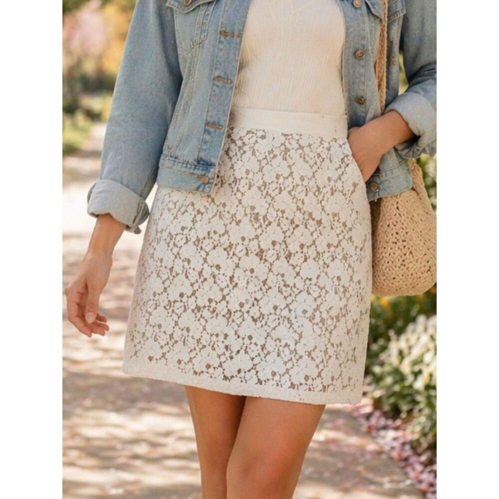 Apt. 9 Sz 6 Small Women's White Lace Lined Pencil Straight Knee Length Skirt